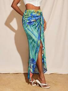 Armand Floral Printed Satin High Split Drape Maxi Skirt Women Summer Elegant Vacation Skirt - Multicolor - View 4