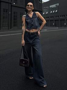 DAZY Women's Denim Vest And Pants 2-Piece Set, Spring/Summer - Navy Blue - View 2