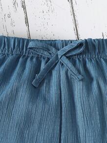 SHEIN 女童休闲宽松高腰纹理米色沙滩阔腿裤，舒适百搭，春夏新品，姐妹妈妈套装 - 藍色 - 查看 5