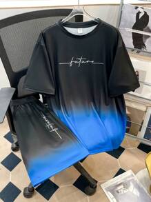 SHEIN 2 Stücke Teenager Jungen Lässig Farbverlauf T-Shirt und Shorts Set, Straßenpunk Rock Stil Outfit für Alltag, Party, Musikfestival, geeignet für Frühling/Sommer, Schwarz & Grün Englisch Aufdruck