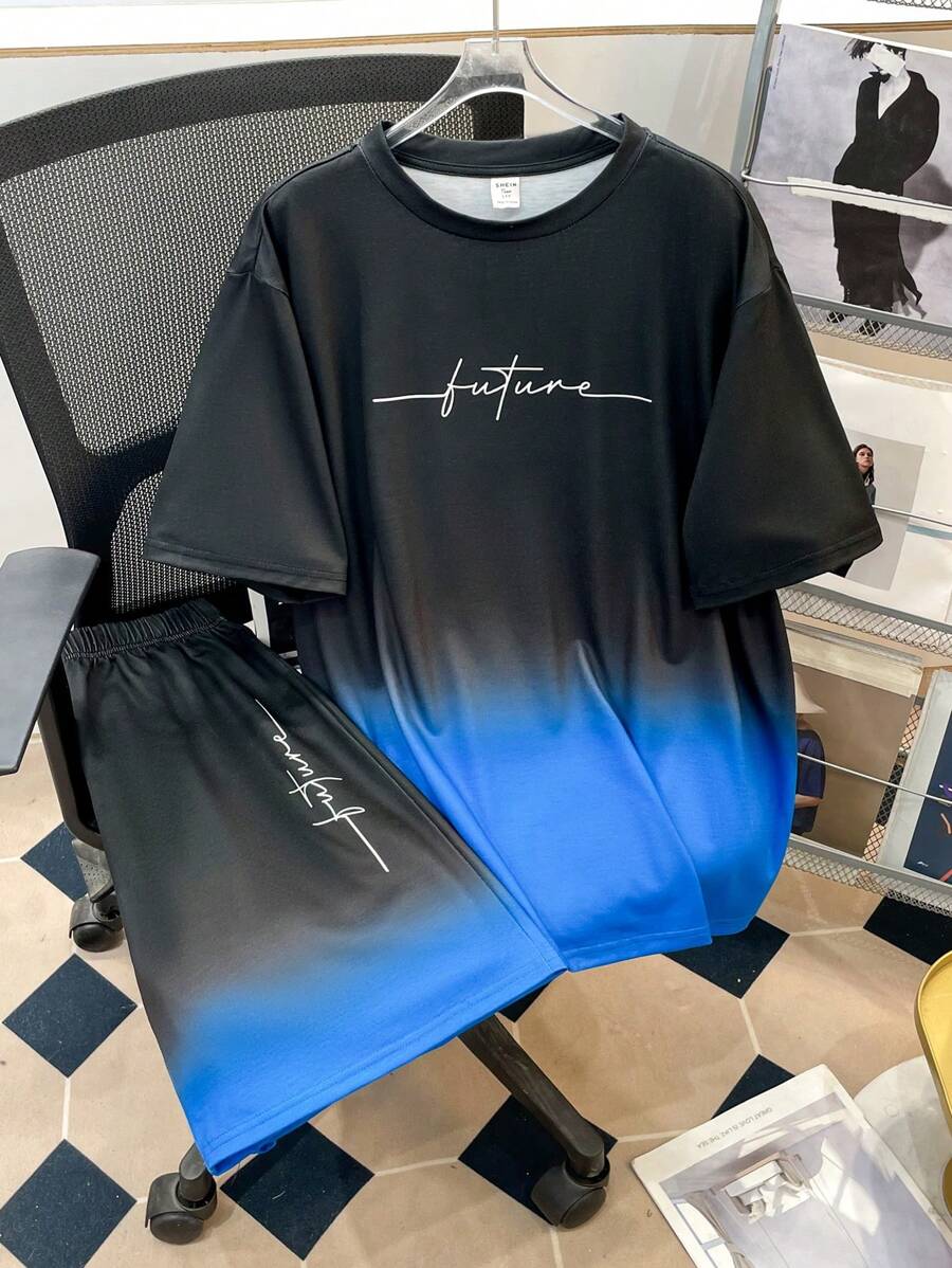 SHEIN 2 Stücke Teenager Jungen Lässig Farbverlauf T-Shirt und Shorts Set, Straßenpunk Rock Stil Outfit für Alltag, Party, Musikfestival, geeignet für Frühling/Sommer, Schwarz & Grün Englisch Aufdruck