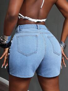 Slaydiva 女式夏季休闲仿皮草奶牛印花拼接口袋牛仔短裤 - 淺色水洗藍 - 查看 2