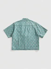 ROMWE MEN Anime 男士棋盘格印花打结口袋休闲短袖牛仔衬衫 - 綠色 - 查看 2