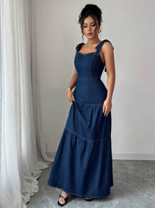 Elenzga 女式荷叶边下摆系带肩牛仔吊带裙 - 深色水洗藍 - 查看 4