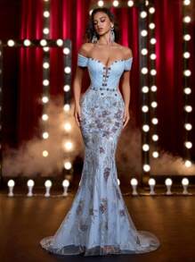 Glamrae Light Blue Sequin Embroidery Handmade Beads Applique One-Shoulder Deep V-Neck Top,Pleated Waist See-Through Fishtail Skirt Formal Dinner Dress - Baby Blue - View 6