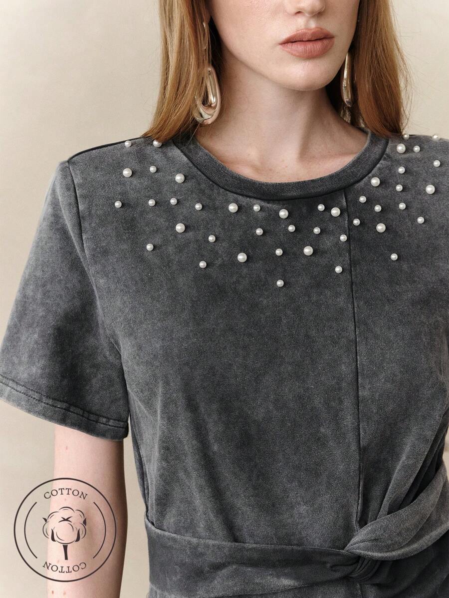 SHEIN LUNE Women's 100% Cotton Sand Wash Asymmetric Pearl Decor Short Sleeve T-Shirt,Grey Summer Elegant Tea Party Casual Commuting Top,Washed Clothes - Grey - View 1