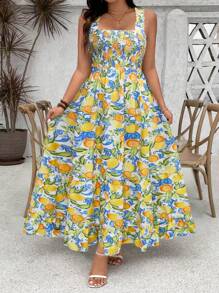 Flirla Plus Size Women Floral Print Ruffle Hem Spaghetti Strap Adjustable Bust A-Line Dress Maxi Women Outfit