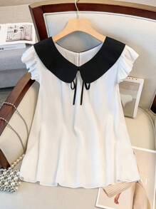 Regalyn 2 pezzi Set di top con maniche a campana e pantaloncini con fiocco, taglie forti, per donne in estate, minimalista, giovane, elegante, adatto per vacanze e uscite
