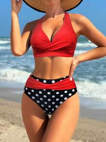 Swim Lushoire Summer Beach Vacation Polka Dot Print Cross Front Halter 2 Pieces Set, Popular High