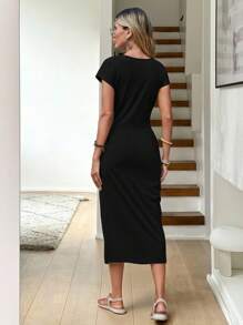 SHEIN LUNE 休閒扭結 高衩純色女士連衣裙 - 黑色 - 查看 2