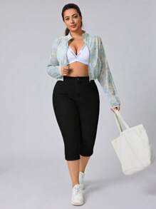 Flexra 大码女式弹力牛仔蓝色休闲七分裤 - 黑色 - 查看 3