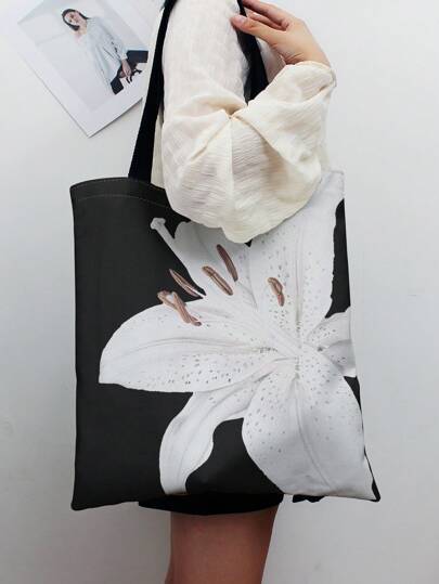 Kawaii Vacation Oversized Floral Print Reversible Tote Bag, Pink Flower Pattern For Commuting & Holiday