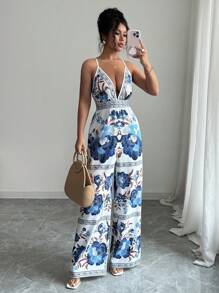 Rafferiza Bộ đồ liền thân hoa đi biển thoải mái có dây đeo có thể điều chỉnh dành cho nữ - Màu xanh lam - Xem 4