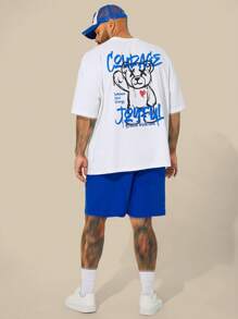 EASEVO Conjunto de camiseta de manga corta de cuello redondo holgada de punto y pantalones cortos talla grande para hombre