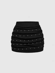 ROMWE Minifalda con fruncidos y cuentas para mujer - Negro - Ver 1