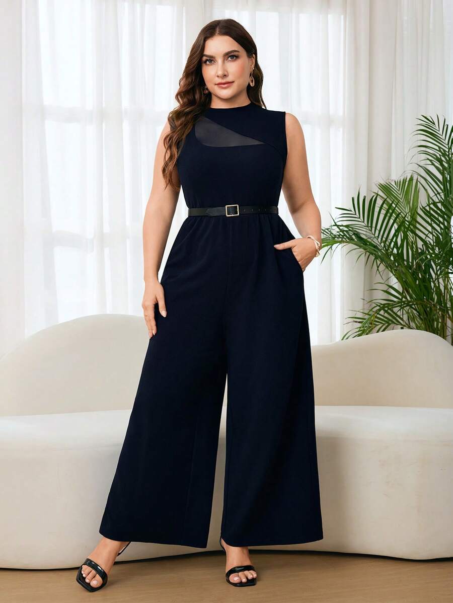 SHEIN Clasi Tuta elegante senza maniche con inserti in rete, disponibile in taglie comode per donna