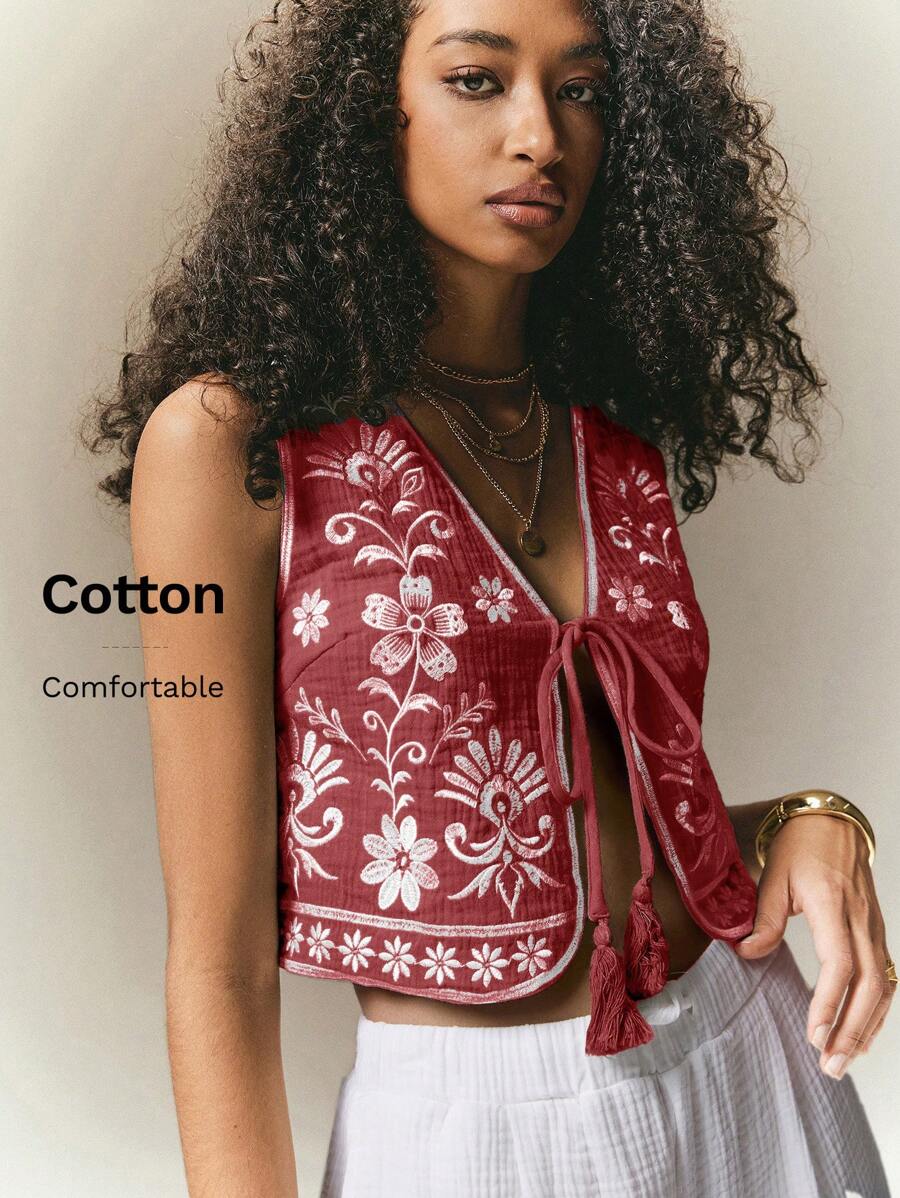 Poéselle Women's Vacation Floral Embroidery Tie Front Casual Camisole - Burgundy - View 1