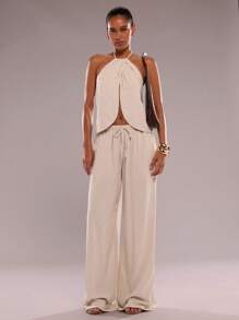 SHEIN BAE 1 件杏色纯亚麻简约弹力抽绳简约口袋宽松阔腿低腰裤，亚麻裤，阔腿裤，休闲裤，老钱风格女性，斯德哥尔摩风格，商务休闲女性，外出，机场女性