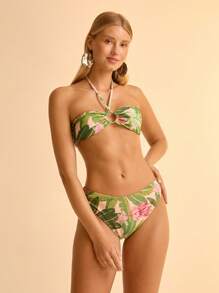 CAJUNI 2pcs/Set Women's Boho Tropical Banana Leaf Print Halter Beach Bikini Top And Bottoms, Summer - Multicolor - View 8