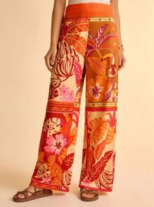 CAJUNI Women's Boho Tropical Coconut Tree, Parrot, Tropical Floral Orange Print, 4-Grid Square Scarf, Casual Beach Wide Leg Pants, Summer - Multicolor - View 9