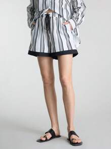 Ontre 2025 年夏季女装，拼色条纹，都市时尚夏季休闲衬衫和短裤套装，适合独立日、圣约翰节、通勤、办公室、茶会、日常穿着 - 黑與白 - 查看 7