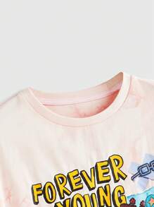 Nick 90's X ROMWE T-shirt ampia da donna con collo a giro, in stile tie-dye, con divertente motivo a cartoni animati