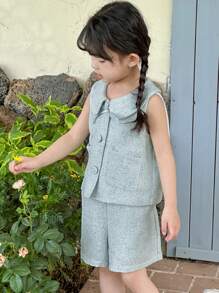 2pcs Sleeveless Bow Decor Blouse And Shorts Set For Young Girls - Baby Blue - View 5