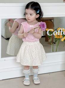 DAZY 2 pièces Ensemble t-shirt à encolure ronde décontracté avec volants et jupe à imprimé tout-sur-pour filles bébé - Rose bonbon - Voir 6