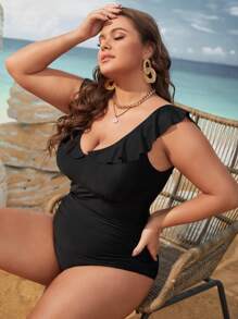 Swim Lushoire Summer Beach Plus Ruched Ruffle Trim One Piece Swimsuit - Black - View 1