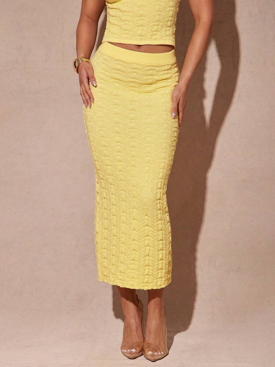 Silquee Elegant Solid Color Textured Knit Yellow Skirt, Summer,Vacation,Woman,Beach