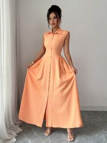 Elenzga 新款女式无袖领口连衣裙，手工腰部褶饰，休闲度假/通勤装，百搭修身优雅开襟连衣裙 - 橘色 - 查看 4
