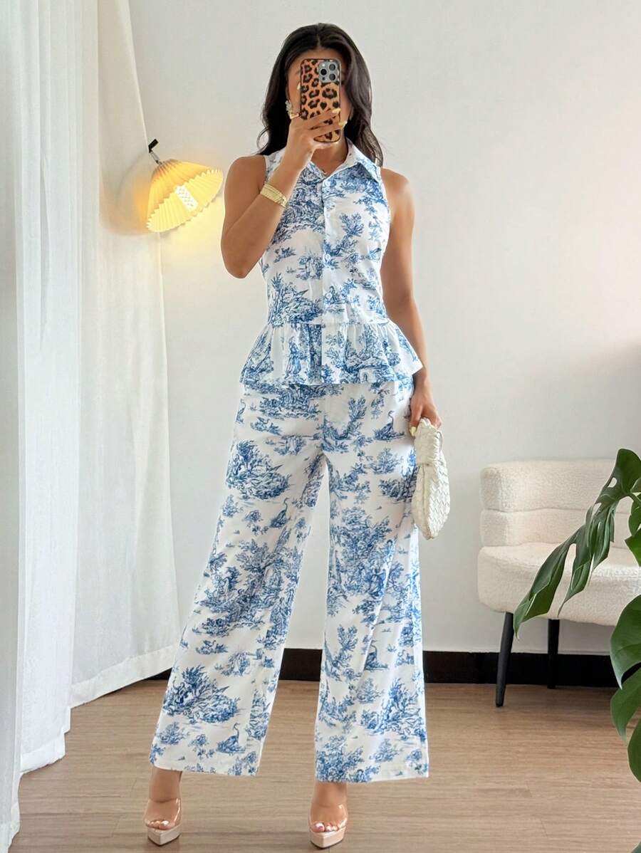 Rafferiza Women's Elegant Blue And White Printed Summer Sleeveless Vest + Summer Straight Wide-Leg Trousers Holiday Two-Piece Suit Two-Piece Summer Suit Women's Casual Suit - Blue and White - View 1