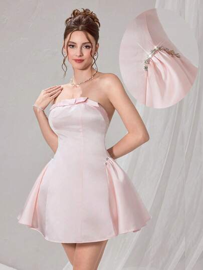 Poshira Vestido elegante para mujer con decoración de cristal para banquete sin tirantes, vestido casual de mujer para cumpleaños, vestido corto de verano para mujer, vestido de mujer para el trabajo de verano, vestido de fiesta, boda y graduación para mujer, de tela fina y suave, con lazo, cuentas y decoración de diamantes