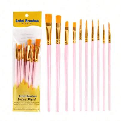 SHEIN 10pcs 2025 New Plastic Handle 10 Pieces Painting Brush Set, Oil Painting, Watercolor, Hand Painting, Art Brushes Set / Slight Glue Overflow Is Inevitable
