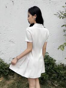 SHEIN Đầm xếp ly tay ngắn cổ bẻ đơn giản thoải mái cho bé gái tuổi teen - Màu be - Xem 2