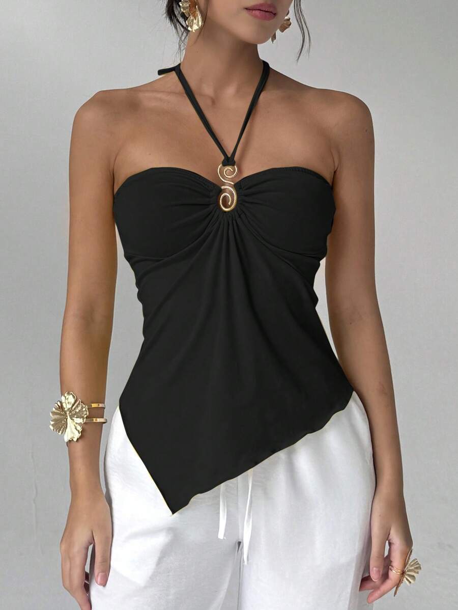 Aloruh Áo yếm hở lưng thời trang mùa hè màu trơn nhún bèo bất đối xứng cho nữ