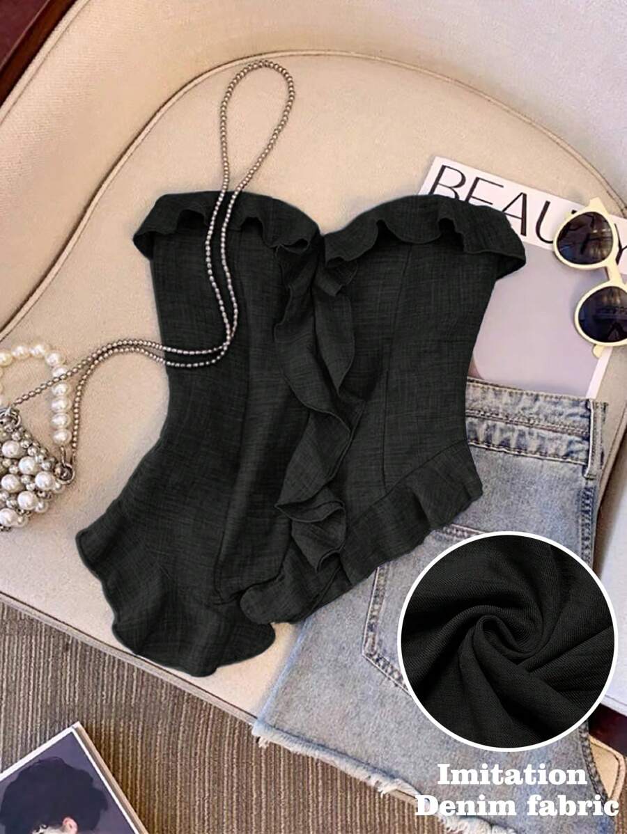 SHEIN Clasi 不对称荷叶边下摆优雅女式吊带背心 - 黑色 - 查看 1