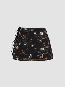 Sweetra 亮片刺绣蝴蝶结腰迷你裙 - 黑色 - 查看 2