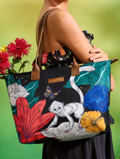 Frida Kahlo X SHEIN 1 件艺术家花卉印花大容量手提包，适合学生、女士，适合通勤、旅行、郊游、海滩，可容纳轻薄笔记本电脑，猴子