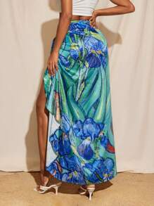 Armand Floral Printed Satin High Split Drape Maxi Skirt Women Summer Elegant Vacation Skirt - Multicolor - View 2