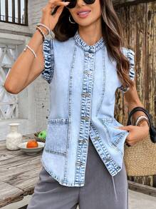 Breezaya Áo khoác denim không tay giặt thường ngày cho nữ - Màu xanh lam - Xem 5
