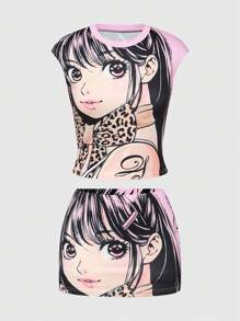 ROMWE Avant 2pcs/Set Y2K Anime Style Printed Crop Top And Tight Skirt For Girls - Pink - View 1