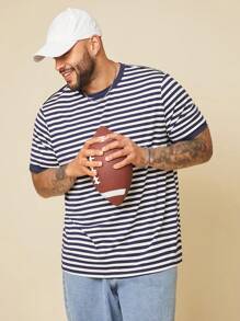 EASEVO Plus Size Men Casual Knit Crew Neck Striped Short Sleeve T-Shirt, Suitable For Summer