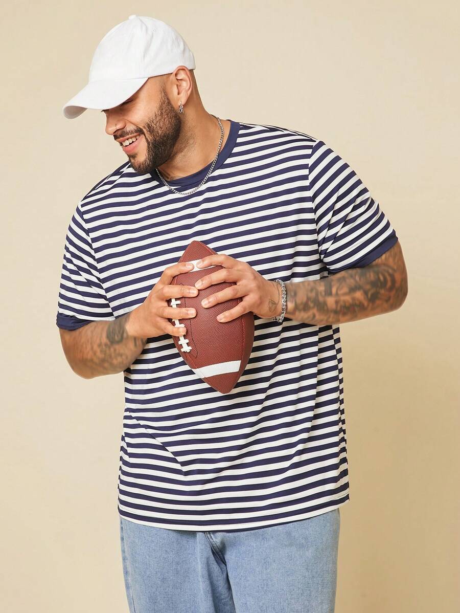 EASEVO Plus Size Men Casual Knit Crew Neck Striped Short Sleeve T-Shirt, Suitable For Summer - Blue - View 1
