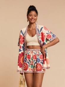 Travachic 2pcs/Set Women Vacation Loose Woven Short Sleeve Shirt & High Waist Loose Shorts,Vacation Style,Woven Graphic Printed,Casual Summer Vacation Outfits Woman,Bohemia Beach Vacation Outfits,Boho Chic,Holiday Festival Outfits,Beach Outfits For Woman,Summer Outfits For Women,Graduation Outfit,Birthday Outfits For Women,Beach Essentials,Suitable For Holiday Date, Afternoon Tea, Wedding Season, Beach Cruise Vacation, City Road Trip Vacation, Boho Vacation, Music Festival ,Elegant Clothes For Women - Multicolor - View 7