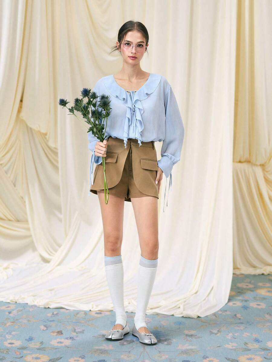 SHEIN MOD 女式系带长袖蓝色半透明荷叶边领衬衫 - 淺藍色 - 查看 1