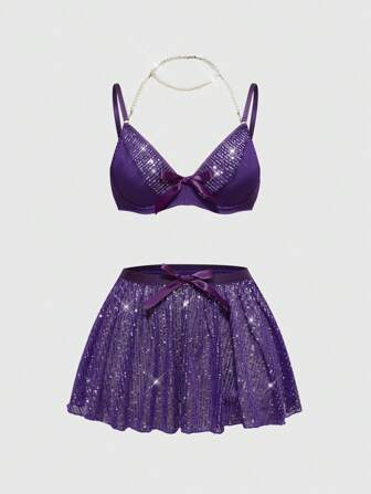 Fairycore مجموعة ملابس داخلية من نوع حمالة الصدر والشرابة المطرزة بالترتر والخرز على شكل الحورية للنساء