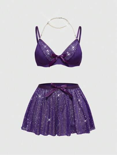 Fairycore Mermaid Sequin Pearl Halter Lace Up Sexy Bralette Lingerie Set For Women