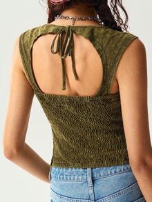 Bohemela Women's Casual Army Green Sweetheart Neck Ruched Bust Knitted Fabric Cropped Tank Top - Army Green - View 2