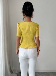 Elenzga Blusa veraniega elegante y exquisita con cintura ajustable de jacquard para mujeres - Amarillo - Ver 2